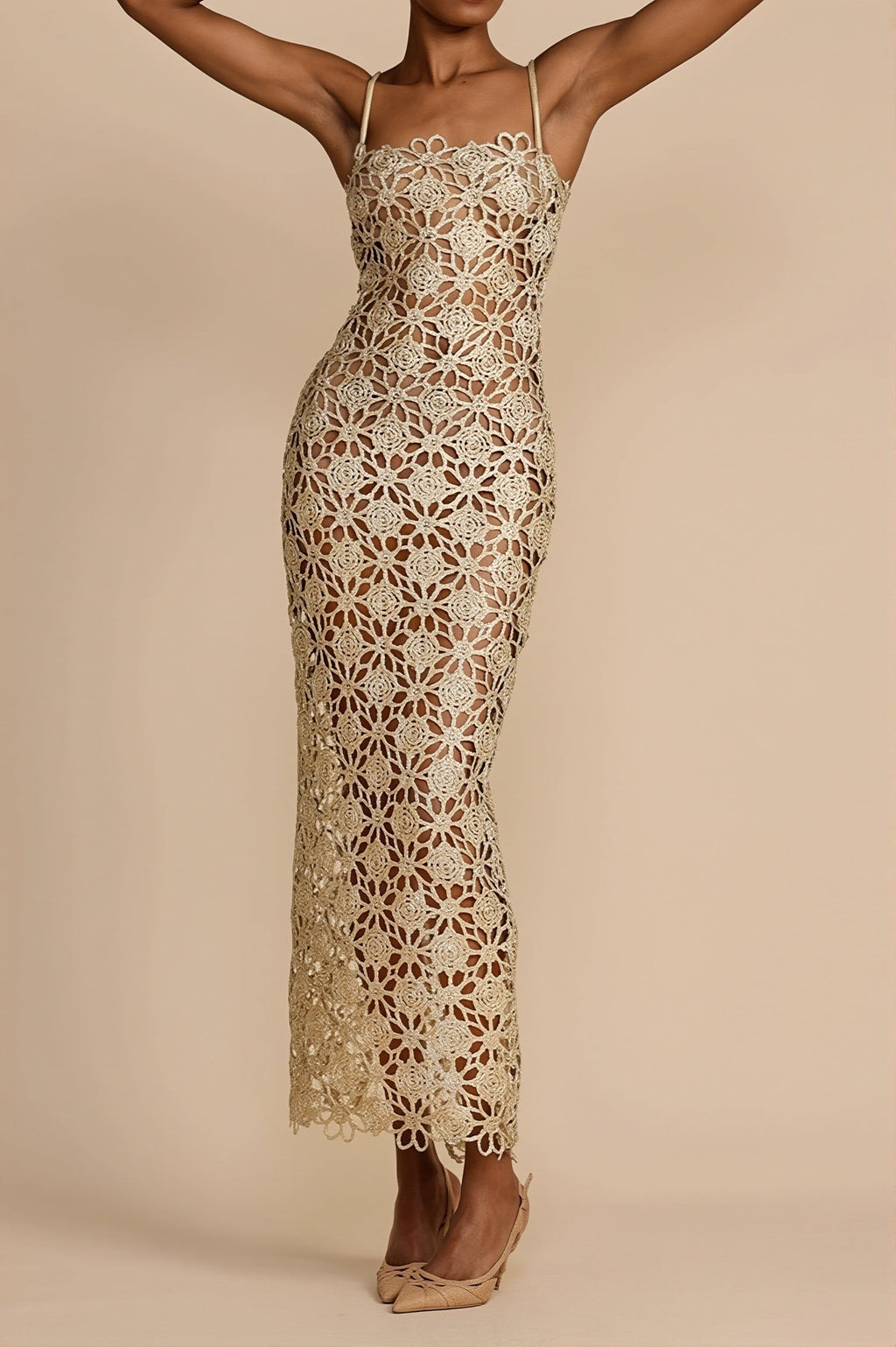 Solid Full Lace Cutout Split Cami Maxi Dress