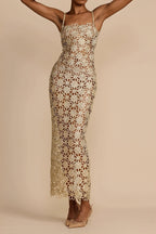 Solid Full Lace Cutout Split Cami Maxi Dress