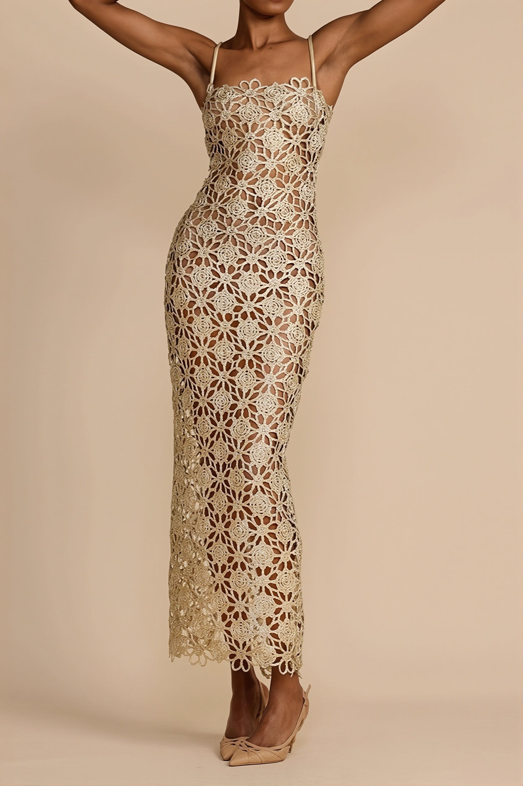 Solid Full Lace Cutout Split Cami Maxi Dress