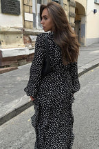 Vintage V-Neck Polka Dot Puff Sleeve A-Line Maxi Dress