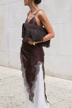 Satin Slip Dress Lace Panel Side Slit Cami Top