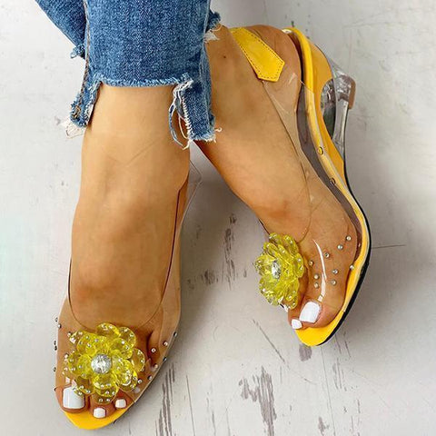 Yellow Slingback Flower Rhinestone Sandals