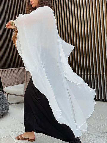 Capelet High-Low See-Through Solid Color Round-Neck Blouses&Shirts Tops