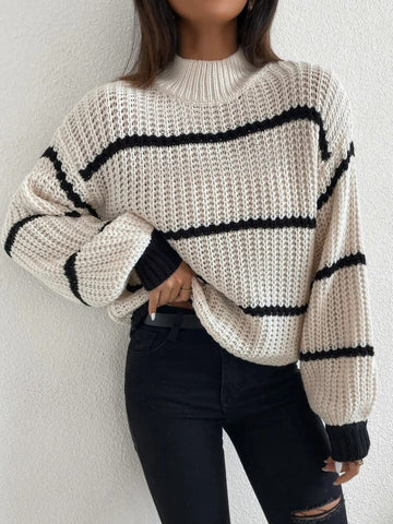Suéter de punto a rayas con cuello redondo elegante y mangas farol para mujer, ropa de otoño e invierno 