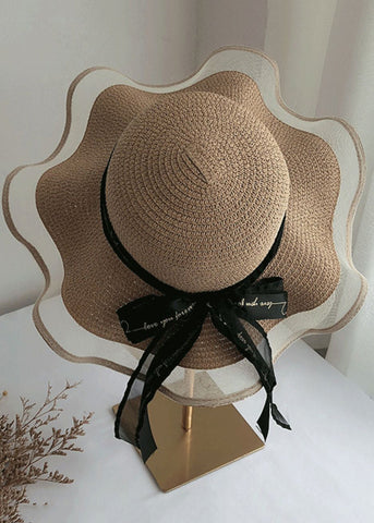 Sombrero para el sol flexible tejido de paja con lazo de tul beige elegante 