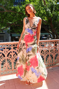 Fashion Floral Print V-neck Flowy Maxi Dress