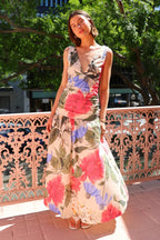 Fashion Floral Print V-neck Flowy Maxi Dress