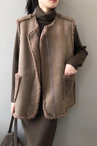 Chalecos casuales de cuello redondo con bolsillos y patchwork 