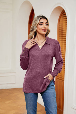 Camiseta holgada de manga larga con cuello tipo polo y botones para mujer de otoño e invierno 
