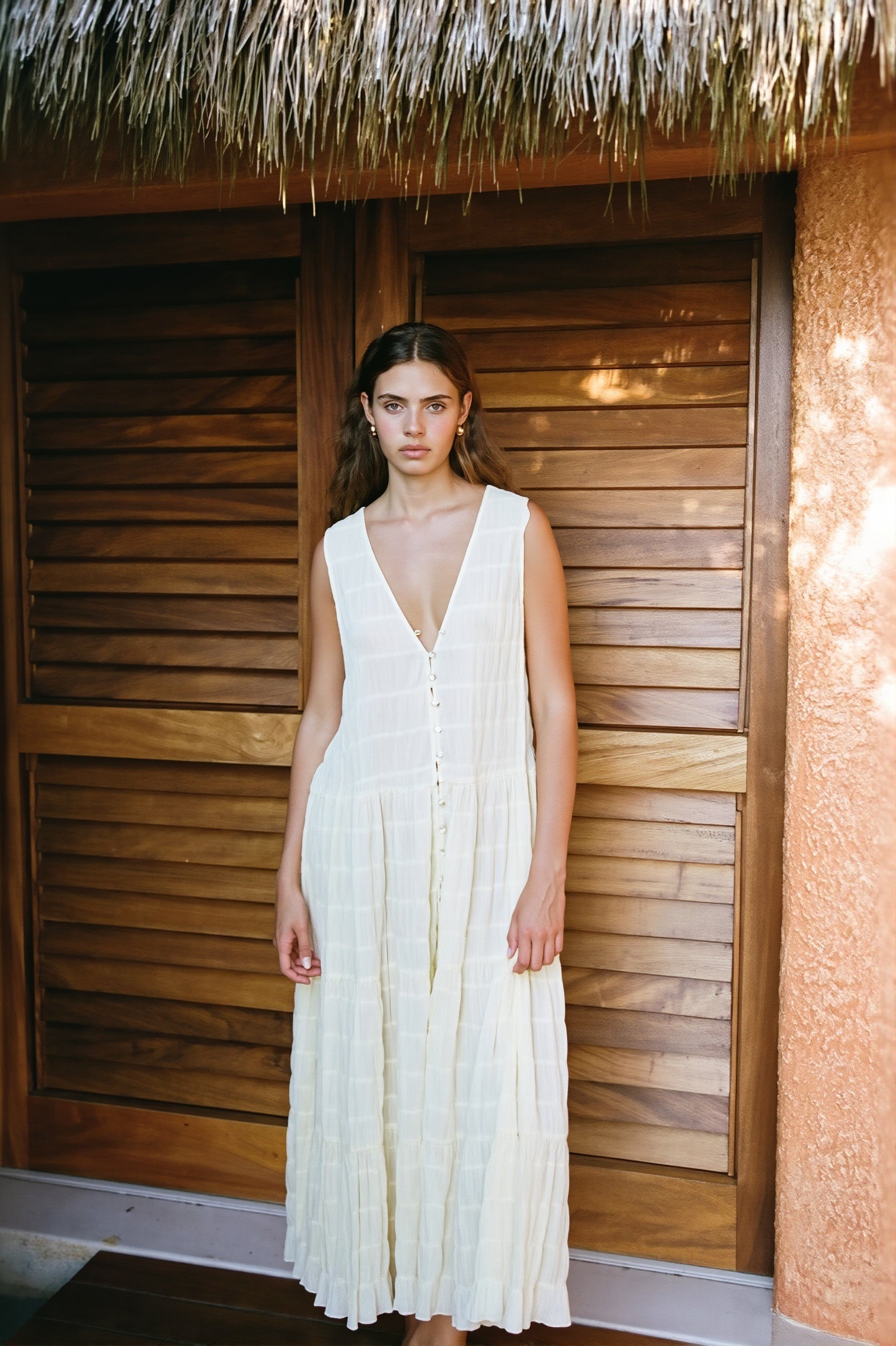 Sexy Solid Chiffon V Neck Button Swing Maxi Dress