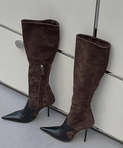 Botas marrones de tacón de aguja de ante hechas a mano con empalme de punta puntiaguda 