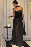 Strapless Cutout Back Ribbon Dot Print Cami Maxi Dress