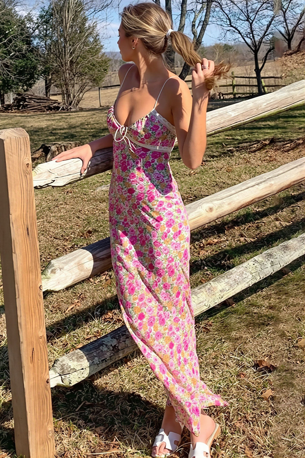 Sweet Floral Lace Trim Cami Maxi Dress