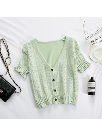 T-shirts Women V-Neck Button Up Tees Short Sleeve Casual T-shirts Knitted Cadigans Crop Tops For Women 2024 Summer Tee