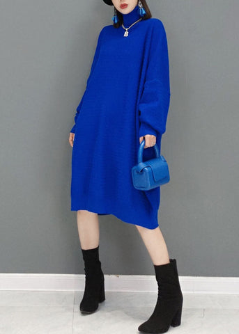 Vestido de suéter de punto de cuello alto verde de moda otoño