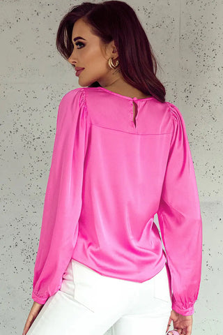 elegant pink satin puff sleeve blouse