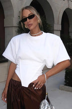 Chic Solid Wide Shoulder Tie Waist Elbow Sleeve T-shirt