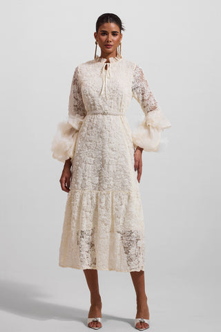 Vestido midi de encaje floral 3D liso con cinturón de perlas falsas 