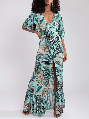 Floral-Print Half Sleeve Knotted Maxi Dress
