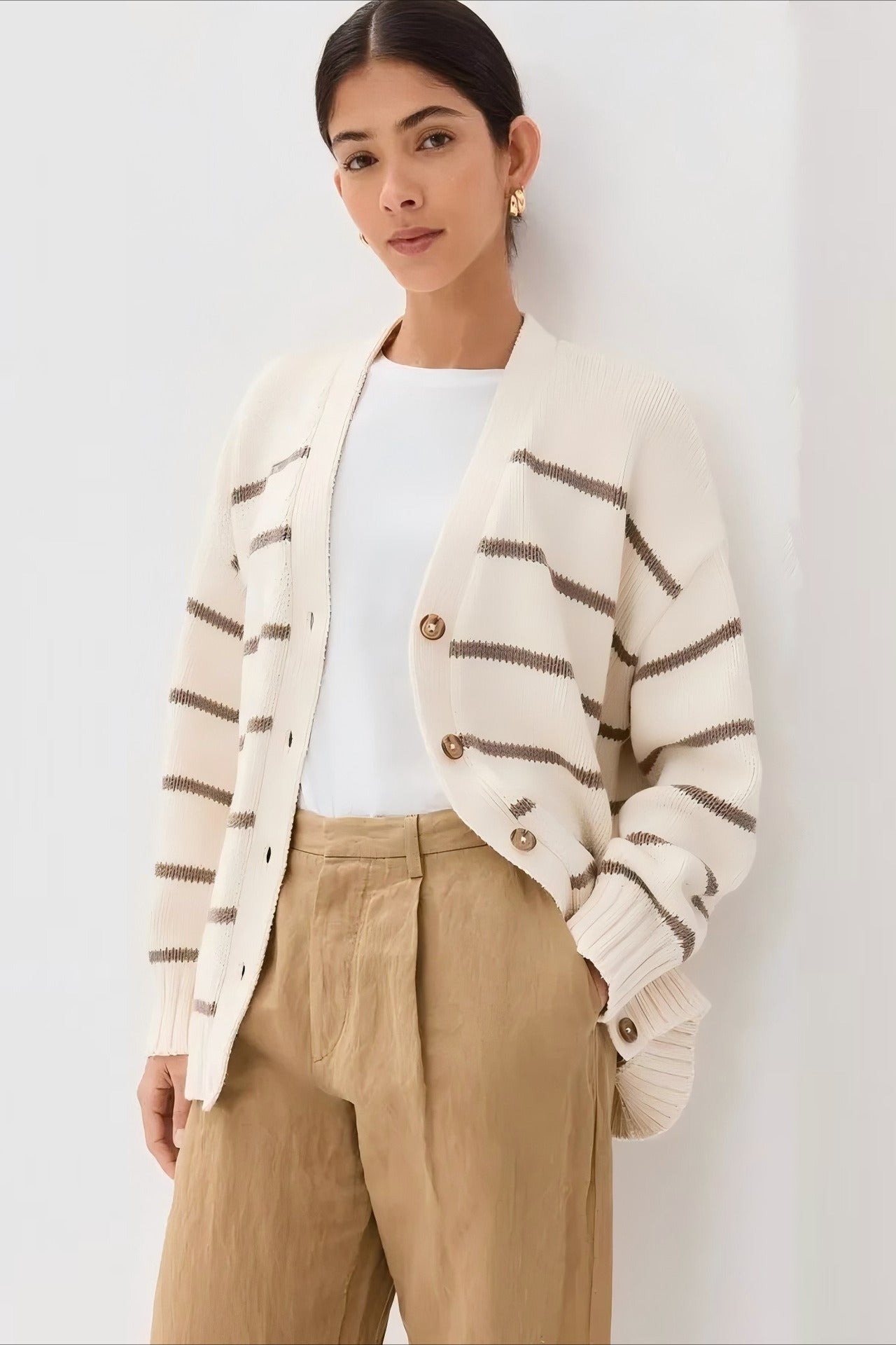 Flattering Striped V Neck Relaxed Knit Cardigan