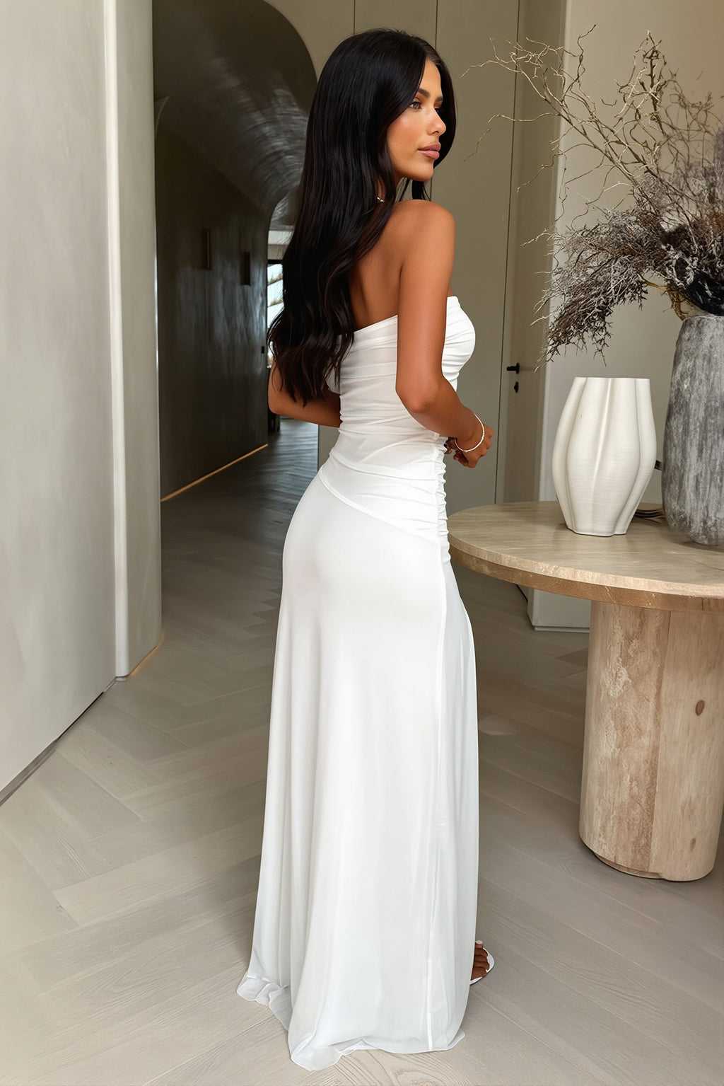 Solid Bandeau Slit Maxi Dress