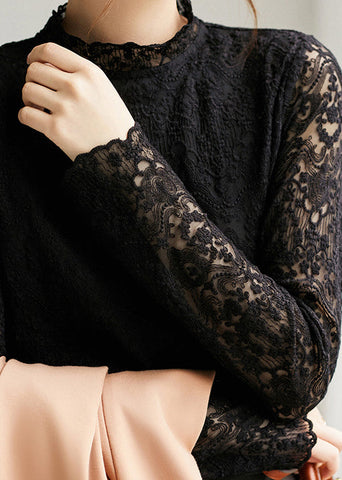 Blusa elegante de encaje bordado con huecos en beige para primavera 