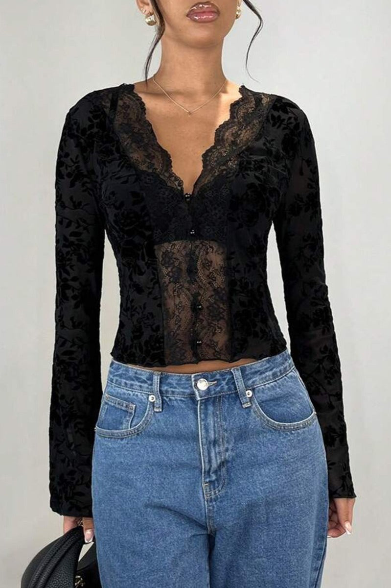 Lace Paneled Leopard Print Ruffled Cardigan Blouse