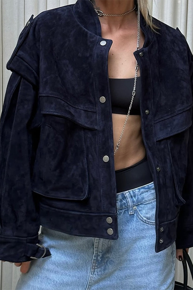 Wide Shoulder Suede Pocket Jacket