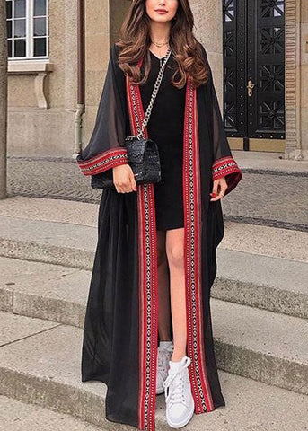 Cárdigan holgado de gasa con lazo en la cintura, bordado en negro y manga larga 