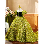 Vestido de niña de las flores con contraste de color verde floral, mangas abullonadas, vestido de comunión princesa con cola 
