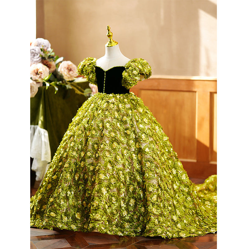 Vestido de niña de las flores con contraste de color verde floral, mangas abullonadas, vestido de comunión princesa con cola 