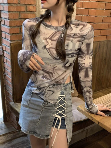 Camisetas de mujer Otoño Invierno 2024 Top corto sexy Ropa Y2K Gráfico Hada Grunge Estética Vintage Top de manga larga Ropa de calle 