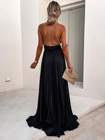 Neckholder-Maxikleid, ärmellos, lässig, rückenfrei, plissiert, bodenlanges Kleid 