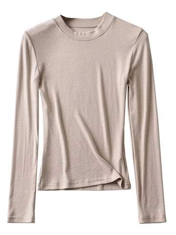Camiseta de algodón de punto para mujer, informal, ajustada, elástica, con cuello redondo y manga larga, 2024 