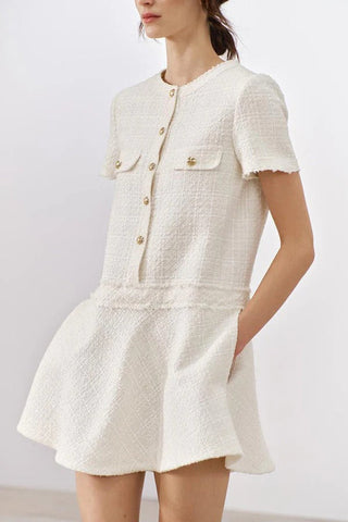 1960er London Girl Tweed Strukturiertes Minikleid mit goldenen Knöpfen und kurzen Ärmeln und Taschen