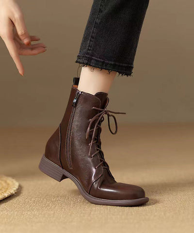 Neu Rindsleder Stiefel Reißverschluss Lace Up Spleißen Braun 