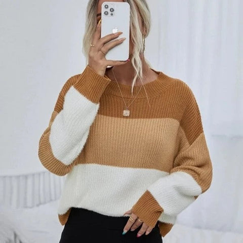 Autumn Winter Women Clothing Color Matching Sweater Long Sleeve Crew Neck Pullover Sweater