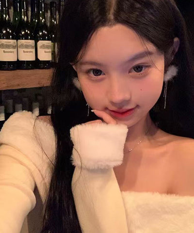 Elegant White Sterling Silver Alloy Fuzzy Ball Tassel Drop Earrings