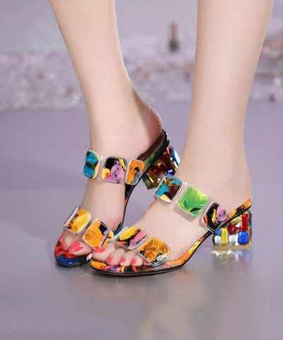 Fashion Multi Color Splicing Chunky Heel Peep Toe Slide Sandals