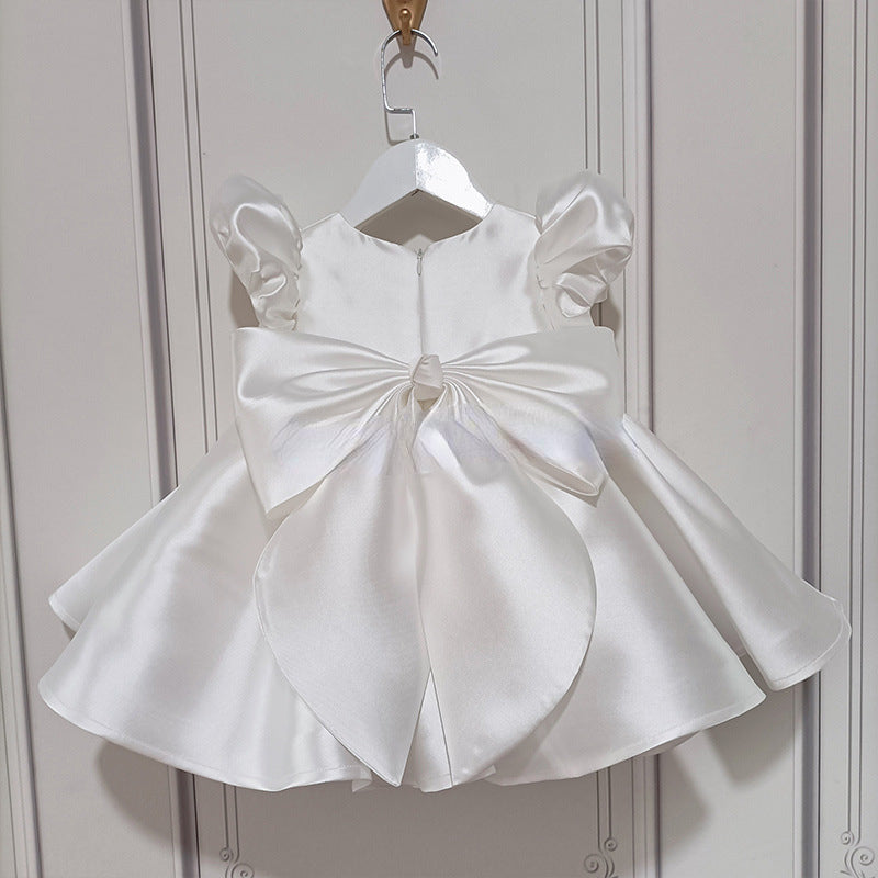 Lindo vestido de primera comunión con flores tridimensionales de satén blanco para niña, vestido de fiesta para niña pequeña 