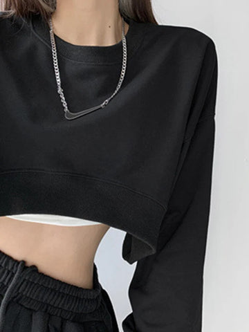 Camiseta de moda coreana Y2K para mujer, top corto holgado sexy liso con cuello redondo y manga larga, ropa urbana vintage Y2K, ropa gótica 
