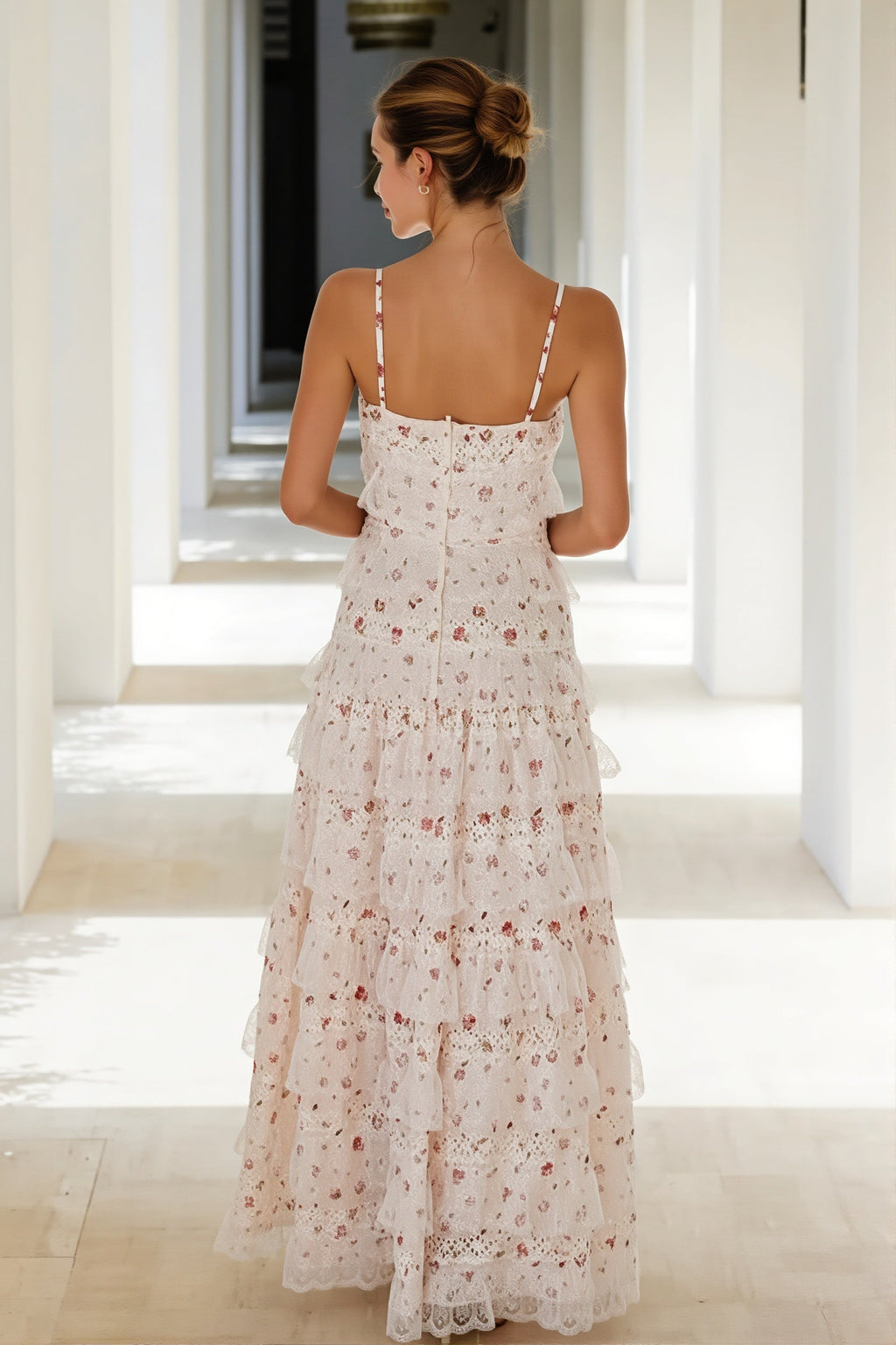 Sexy Lace Trim Print Tiered Ruffle Hem Cami Maxi Dress