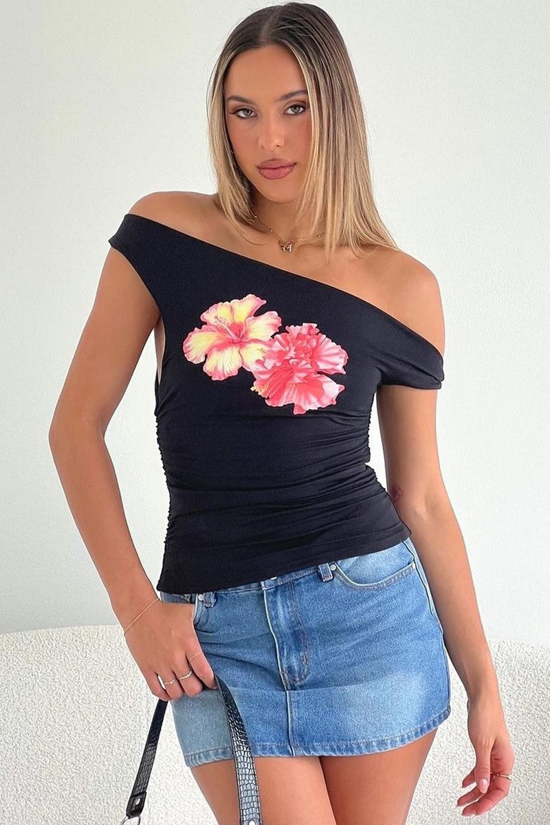 Chic Off Shoulder Floral Print Crop T-shirt