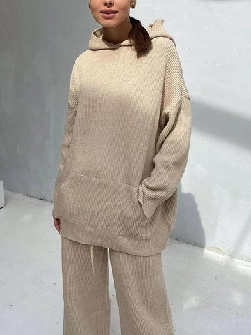 Conjunto de dos piezas de suéter holgado de color sólido con cuello redondo, capucha y mangas largas + pantalón con cordón ajustable 
