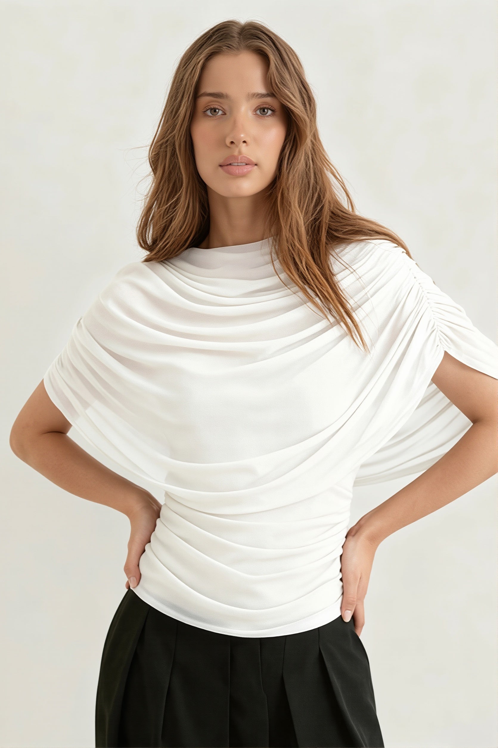 Solid Sheer Ruffle Scarf Neck Blouse