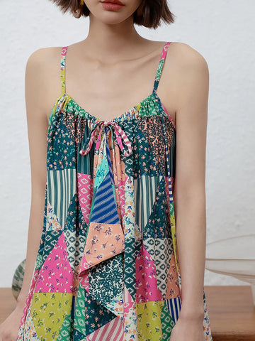Women Summer Retro Triangle Floral Spliced Vest Dress