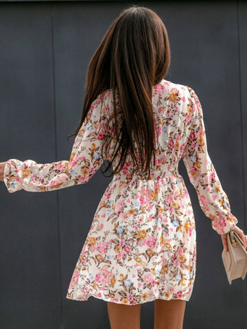 Minikleider Rosa Blumendruck Langarm Kurzes Kleid 