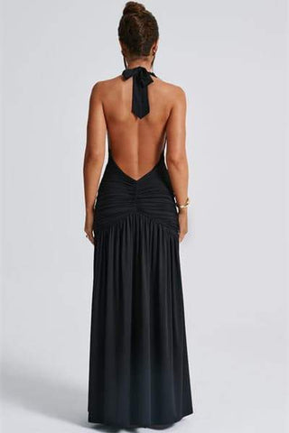 Vestido largo Norma con cuello en V profundo y cuello halter 