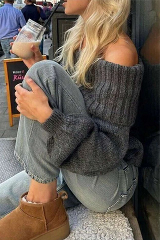 Sexy schulterfreie Pullover in Volltonfarbe 