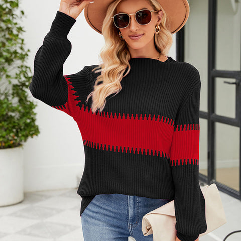 Colorful Patchwork Mock Neck Sweater: Stylish Loose Pullover for Women's Autumn/Winter Fashion